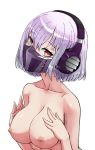  1girl absurdres breasts collarbone eyebrows_visible_through_hair faceplate female hair_between_eyes half_mask hands_up haraya head_tilt headphones highres large_breasts lavender_hair mask neck nipples nude optimus_prime optimus_prime_(sg) purple_mask red_eyes shinjou_akane shiny shiny_hair simple_background solo ssss.gridman transformers transformers_shattered_glass upper_body white_background 