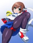  1girl aile bodysuit breasts brown_hair clenched_hands fighting_stance gloves green_eyes hair_between_eyes headband highres kasugano_sakura kasugano_sakura_(cosplay) panties rockman rockman_zx sailor_collar school_uniform serafuku shoes short_hair spandex street_fighter ukimukai underwear upskirt 