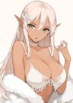  1girl :o bare_shoulders bra breasts choker cleavage commentary_request dark_elf dark_skin elf fur fur_coat hair_ornament holding_pearl lace lace_choker large_breasts long_hair looking_at_viewer morisawa_haruyuki open_mouth original pearl_(gemstone) pointy_ears shiny shiny_skin simple_background solo underwear white_background white_bra white_choker white_hair yellow_eyes 