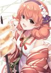  1girl brown_eyes curly_hair dress fire_emblem fire_emblem_echoes:_mou_hitori_no_eiyuuou fire_emblem_heroes food hairband highres holding jenny_(fire_emblem) jewelry marshmallow nakabayashi_zun necklace nintendo open_mouth pink_hair solo 
