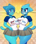  2019 absurd_res angry animal_humanoid anthro big_breasts big_butt blue_eyes blue_fur blue_hair blush breasts butt cartoon_network clothed clothing domestic_cat duo english_text eye_contact felid feline felis female fur hair hi_res humanoid looking_at_another mammal mature_female nicole_watterson shirt short_hair side_view signature skirts teeth text the_amazing_world_of_gumball tight_clothing topwear wetwasabi wide_hips 