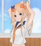  1girl abigail_williams_(fate/grand_order) armpits arms_up atsumisu black_bow black_sailor_collar blue_eyes blue_sky blush bow closed_mouth cloud collarbone commentary_request day eyebrows_visible_through_hair fate/grand_order fate_(series) fingernails forehead hair_bow head_tilt highres indoors navel neckerchief orange_bow orange_neckwear polka_dot polka_dot_bow sailor_collar shirt short_sleeves sidelocks sky smile solo sweat tying_hair wet white_shirt wide_sleeves window wooden_wall 