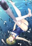 1girl air_bubble aqua_eyes blonde_hair blue_swimsuit breasts bubble diving glasses hat hat_removed headwear_removed highres i-8_(kantai_collection) kanaka_(kananan0910828) kantai_collection large_breasts looking_at_viewer low_twintails medium_breasts name_tag ocean old_school_swimsuit one-piece_swimsuit open_mouth peaked_cap red-framed_eyewear sailor_hat school_swimsuit semi-rimless_eyewear smile solo swimsuit swimsuit_under_clothes thighhighs torpedo twintails under-rim_eyewear underwater upside-down white_legwear 