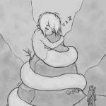  1:1 2019 absurd_res animal_humanoid blush digital_media_(artwork) duo eyes_closed female hair hi_res humanoid klifflod lamia lying macro male monster_girl_(genre) nude reptile reptile_humanoid scalie scalie_humanoid signature size_difference sleeping smile snake snake_humanoid solo_focus text video_games 