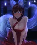  1girl :o animal_ears backlighting blue_eyes blue_fire breast_squeeze breasts brown_hair cleavage commentary commission dress ehrrr english_commentary fire fox_ears fox_tail freckles glowing glowing_eyes highres large_breasts leaning_forward moon night night_sky original red_dress short_hair sky solo sweat tail v_arms 