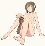  1girl absurdres artist_request ass breasts feet flat_chest green_eyes green_hair gun handgun highres kino kino_no_tabi looking_at_viewer nipples nude pistol pointed_toes revolver ribcage short_hair simple_background sitting small_breasts tomboy weapon 