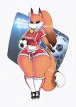  2019 absurd_res anthro ball big_breasts breasts canid canine cleats clothed clothing countershading dipstick_ears dipstick_tail eyes_closed female footwear fox freckles fur gloves_(marking) hair hi_res legwear long_hair mammal markings midriff multicolored_ears multicolored_tail navel orange_fur orange_hair ponytail sharp_teeth shoes smutbunny soccer_ball socks solo teeth thick_thighs whistle white_countershading wide_hips 