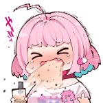  &gt;_&lt; ahoge blush boba_tea chibi fang idolmaster idolmaster_cinderella_girls open_mouth pink_hair shirt short_hair sneezing t-shirt takatoo_kurosuke upper_body yumemi_riamu 