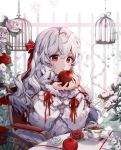  1girl apple birdcage bow cage cup eyebrows_visible_through_hair food frills fruit grey_hair hair_bow holding holding_food holding_fruit long_hair long_sleeves looking_at_viewer original parted_lips pillo plate red_bow red_eyes sitting solo table tea teacup wavy_hair wheelchair 
