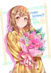  1girl alternate_hairstyle bangs bouquet brown_hair collared_dress dated dress drop_shadow flower half_updo happy_birthday highres holding holding_bouquet kanabun kunikida_hanamaru long_hair long_sleeves looking_at_viewer love_live! love_live!_sunshine!! pink_flower pink_ribbon pink_rose plaid plaid_dress ribbon rose smile solo thick_eyebrows yellow_dress yellow_eyes 