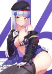  1girl ass bare_shoulders beret black_legwear black_panties blush bottomless breasts character_name cleavage commentary_request cowboy_shot expressionless facepaint german_flag girls_frontline glowing glowing_eyes green_eyes hat highres hk416_(girls_frontline) iron_cross jacket jacket_pull long_hair looking_at_viewer medium_breasts military_jacket no_bra off_shoulder open_clothes open_jacket panties panty_pull pulled_by_self ranyu signature silver_hair skindentation solo teardrop thighhighs thighs underwear undressing 