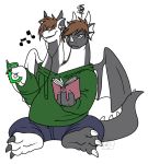  anthro book claws clothing conjoined dragon earbuds headphones hoodie horn ipod male multi_head music muzz pants plantigrade simple_background sitting thick_tail 