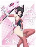  1girl absurdres arm_behind_back armpits bangs bare_shoulders black_hair breasts chuunioniika covered_navel elbow_gloves gloves happy_birthday highres open_mouth pink_gloves pink_legwear purple_eyes senki_zesshou_symphogear small_breasts solo thighhighs tsukuyomi_shirabe twitter_username yo-yo 