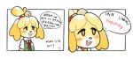  animal_crossing anthro bell black_eyes blush blushily border brown_eyes canid canine canis close-up clothing comic domestic_dog english_text female fur isabelle_(animal_crossing) mammal multicolored_fur nintendo nocturnal_(artist) open_mouth orange_fur shih_tzu simple_background solo speech_bubble text tied_hair toy_dog video_games white_background white_border white_fur yellow_fur 
