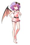  1girl alphes_(style) bare_arms bare_legs barefoot bat_wings breasts cage_in_lunatic_runagate casual_one-piece_swimsuit commentary_request dairi eyewear_on_head full_body hand_on_hip hand_on_own_chest looking_at_viewer one-piece_swimsuit parody pink_swimsuit purple_hair red_eyes remilia_scarlet short_hair silent_sinner_in_blue small_breasts smile solo standing style_parody sunglasses swimsuit tachi-e touhou transparent_background wings 