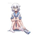  1girl chunk-san eyebrows_visible_through_hair feet glasses highres panties pantyshot school_uniform serafuku shoes shoes_removed short_hair sitting socks solid_eyes solo ueno-san_wa_bukiyou underwear uwabaki white_background white_eyes white_hair white_legwear white_panties yamashita_(ueno-san_wa_bukiyou) 