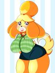  2019 animal_crossing anthro artistdoreen big_breasts blush breasts canid canine canis clothed clothing digital_media_(artwork) domestic_dog female fur hi_res huge_breasts isabelle isabelle_(animal_crossing) lewd_(disambiguation) mammal nintendo open_mouth patreon shih_tzu simple_background solo super_smash_bros. super_smash_bros._ultimate toy_dog video_games yellow_fur 