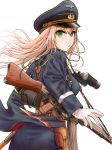  1girl assault_rifle binoculars blonde_hair commentary girls_frontline gloves green_eyes gun hat highres long_hair military_hat pantylines peaked_cap rifle stg44 testame weapon white_background white_gloves 