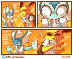  ! 4_fingers 5:4 backpack beverage black_eyebrows blue_fur blue_tail blush bottomwear canid clothing comic digital_media_(artwork) diives disgust ear_fins eeveelution english_text eyebrows eyelashes female fin fur green_eyes hi_res holding_beverage holding_object joltee_(diives) jolteon long_ears long_tail male mammal necktie nintendo pok&eacute;mon pok&eacute;mon_(species) saliva shirt simple_background skirt sweat t-shirt text thick_tail topwear twitter vapee_(diives) vaporeon video_games yellow_background yellow_ears yellow_fur 