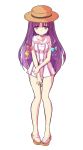  1girl alphes_(style) bare_legs blue_bow boater_hat bow breasts closed_mouth commentary_request dairi dress eyebrows_visible_through_hair feet full_body hair_bow hat legs_together long_hair looking_down medium_breasts parody patchouli_knowledge purple_bow purple_eyes purple_hair red_bow sandals short_dress sleeveless sleeveless_dress solo standing striped striped_dress style_parody tachi-e touhou transparent_background vertical-striped_dress vertical_stripes wrist_grab yellow_bow 