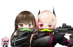  3girls anger_vein angry arm_armor assault_rifle bandanna bangs black_bandana black_gloves black_jacket black_ribbon black_sweater blue_jacket blush blush_stickers commentary_request covering_mouth detached_sleeves facial_hair fake_facial_hair fake_mustache fingerless_gloves girls_frontline gloves gun hair_ornament hair_over_shoulder hair_ribbon headgear highres holding holding_weapon impending_hit jacket long_hair looking_at_another looking_at_viewer m4_carbine m4_sopmod_ii m4_sopmod_ii_(girls_frontline) mechanical_arm multicolored_hair multiple_girls mustache open_clothes open_jacket pink_hair pose ribbon rifle shiroshi side_ponytail skull_print sleeveless_sweater st_ar-15_(girls_frontline) staring sweater weapon 
