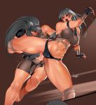  2girls abs armband artist_name bowalia breasts cleavage fingerless_gloves gloves knee_pads large_breasts looking_at_viewer medium_hair multiple_girls muscle muscular_female navel original stomach sweat 