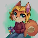  1:1 ashnard beverage blonde_hair chibi clothing colored_sketch fur green_eyes hair hawtmoon hoodie jeans looking_at_viewer low_res male mammal multicolored_fur pants rodent sciurid simple_background soda tan_fur tree_squirrel two_tone_fur 