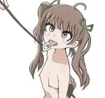  aokabi areolae bound brown_eyes brown_hair green_ribbon hair_ornament hair_ribbon hakozaki_serika idolmaster idolmaster_million_live! idolmaster_million_live!_theater_days long_hair nipples nude open_mouth piercing ribbon simple_background tearing_up tears tied_up tongue tongue_out tongue_piercing twintails upper_body white_background 