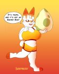  2019 absurd_res animal_humanoid anthro big_breasts breasts clothing digital_media_(artwork) easter egg english_text female hi_res holidays humanoid lagomorph lagomorph_humanoid mammal nintendo pok&eacute;mon pok&eacute;mon_(species) scorbunny shorts simple_background solo teeth text thick_thighs topwear video_games wolfbaloo 