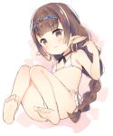 1girl bangs bare_arms bare_legs bare_shoulders barefoot bikini blush braid brown_eyes brown_hair closed_mouth commentary_request earrings eyebrows_visible_through_hair full_body granblue_fantasy haaselila hand_up harvin headpiece hoop_earrings jewelry long_hair meito_(maze) pointy_ears side-tie_bikini single_braid soles solo swimsuit very_long_hair wavy_mouth white_bikini 