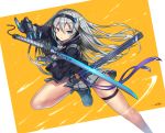  1girl blue_eyes gia hairband holding holding_sword holding_weapon katana long_hair original pleated_skirt scabbard science_fiction sheath silver_hair simple_background skirt solo sword weapon 