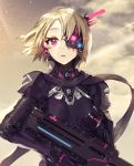  1girl blonde_hair bodysuit breastplate cloud cloudy_sky commentary_request cowboy_shot cyborg day expressionless fuu_kotora gloves gun headphones highres holding holding_gun holding_weapon looking_at_viewer mecha_musume mechanical_eye neon_trim original outdoors parted_lips pink_eyes rifle shiny shiny_clothes short_hair skin_tight sky solo standing star_(sky) starry_sky weapon 