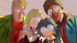  2boys 2girls big_glasses black_hair blonde_hair female glasses group group_picture hoodie jacket japanese lipstick looking_at_viewer male marvel miles_morales peni_parker peter_parker photo ryusei_hasida school_uniform silly spider-gwen spider-man spider-man:_into_the_spider-verse spider-man_(series) 