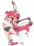  armpits arms_behind_head arms_up black_buruma brown_eyes buruma commentary_request domino_mask full_body gym_uniform hairband inkling karukan_(monjya) leg_up mask midriff navel open_mouth oversized_object paint_roller pink_hair shirt shoes short_hair smile splatoon_(series) standing standing_on_one_leg tentacle_hair white_shirt 