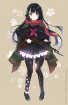  1girl absurdres bangs beige_background black_bow black_footwear black_hair black_legwear black_sailor_collar black_serafuku black_skirt blunt_bangs blush bow cherry_blossom_print cherry_blossoms clover_hair_ornament eyebrows_visible_through_hair four-leaf_clover_hair_ornament full_body girls_frontline green_jacket gun hair_bow hair_ornament highres hime_cut holding holding_weapon huge_filesize jacket jacket_on_shoulders layered_skirt loafers long_hair long_sleeves looking_to_the_side neckerchief pantyhose pink_eyes pleated_skirt print_legwear red_neckwear red_scarf sailor_collar scarf school_uniform serafuku shiny shiny_clothes shoes skirt solo standing submachine_gun torn_clothes torn_legwear type_100 type_100_(girls_frontline) urim_(paintur) very_long_hair watermark wavy_mouth weapon 