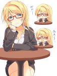  1girl :o ayase_eli bespectacled black_jacket black_skirt blonde_hair blue_eyes blush chin_rest commentary_request eyes_closed formal frown glasses hair_between_eyes jacket long_hair long_sleeves love_live! love_live!_school_idol_project mogu_(au1127) multiple_views pinstripe_shirt red-framed_eyewear semi-rimless_eyewear skirt skirt_suit stretch suit table under-rim_eyewear white_background 