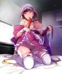  1girl areolae black_hair blush breasts brown_hair fate_(series) gradient_hair highres hood hood_down large_breasts long_hair low_twintails mouth_hold multicolored_hair nekomata_naomi nipples osakabe-hime_(fate/grand_order) panties panty_pull pubic_hair purple_eyes purple_skirt skirt skirt_lift solo thighhighs twintails underwear undressing very_long_hair white_legwear white_panties 
