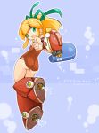  arm_cannon ass blonde_hair boots commentary_request from_behind full_body green_eyes highres karukan_(monjya) knee_boots long_hair looking_back one-piece_swimsuit pointy_ears ponytail propeller red_footwear red_swimsuit ribbon rockman roll swimsuit weapon 