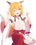  1girl ;d animal_ear_fluff animal_ears bangs blonde_hair blush brown_eyes commentary_request double_fox_shadow_puppet eyebrows_visible_through_hair fang fingernails flower fox_ears fox_girl fox_shadow_puppet fox_tail hair_between_eyes hair_flower hair_ornament hakama hands_up haribote_(tarao) japanese_clothes kimono long_sleeves miko one_eye_closed open_mouth red_flower red_hakama ribbon-trimmed_sleeves ribbon_trim senko_(sewayaki_kitsune_no_senko-san) sewayaki_kitsune_no_senko-san simple_background smile solo tail tail_raised white_background white_kimono wide_sleeves 