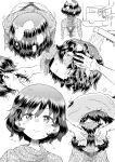  1girl akiyama_yukari barber blush disembodied_hands disembodied_limb doujinshi eyes_closed foam girls_und_panzer hand_on_another&#039;s_head head_down highres hirota_masatane leaning_forward looking_at_viewer messy_hair monochrome multiple_views screentones short_hair shower_head sink sitting smile towel water wavy_mouth white_background 