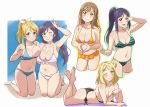  5girls asymmetrical_docking ayase_eli barefoot bikini blonde_hair blue_eyes blue_hair breast_press breasts brown_eyes brown_hair cleavage clenched_hand collarbone commentary_request cropped_legs feet_up front-tie_bikini front-tie_top green_bikini green_eyes green_outline hair_ornament hair_ribbon hairpin halterneck holding kneeling kunikida_hanamaru large_breasts looking_at_viewer love_live! love_live!_school_idol_project love_live!_sunshine!! lying matsuura_kanan multiple_girls navel ohara_mari on_stomach one_eye_closed orange_bikini orange_outline purple_eyes purple_hair ribbon side-tie_bikini sidelocks smile striped striped_bikini swimsuit the_pose toujou_nozomi turkey_min w white_background white_bikini white_ribbon wrist_extended 