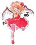  1girl alphes_(style) blonde_hair bobby_socks bow crystal dairi eyebrows_visible_through_hair fang flandre_scarlet frilled_shirt frilled_shirt_collar frilled_skirt frills full_body hair_between_eyes hat hat_ribbon laevatein looking_at_viewer medium_hair mob_cap open_mouth outstretched_arm parody pink_headwear reaching_out red_bow red_eyes red_footwear red_ribbon red_skirt red_vest ribbon shirt skirt smile socks solo standing standing_on_one_leg style_parody tachi-e touhou transparent_background vest white_shirt wings 