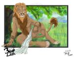  anthro cloth digitigrade felid grass lion mammal multi_eye multi_nose pantherine sitting solo threeeyelion tree 