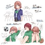  6+girls :o ? ^_^ animal_ears arm_up blazer blue_eyes blue_jacket blue_shirt brown_hair closed_eyes covering_mouth dog_ears dog_tail eyes_closed green_jacket gym_uniform hair_between_eyes hair_ornament hairclip highres jacket knees_up leg_hug love_live! love_live!_sunshine!! love_live!_sunshine!!_the_school_idol_movie_over_the_rainbow minori_748 multiple_girls multiple_views ponytail red_hair sakurauchi_riko school_uniform shirt short_hair skirt sleeves_rolled_up smile soccer_uniform spoilers spoken_question_mark sportswear tail track_jacket translation_request watanabe_you wavy_mouth 