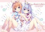  2girls :d amedamacon bangs bare_arms bare_shoulders barefoot blue_eyes blue_hair blush brown_hair brown_hairband brown_jacket brown_legwear character_name chestnut_mouth copyright_name dress eyebrows_visible_through_hair frilled_dress frills gochuumon_wa_usagi_desu_ka? hair_between_eyes hair_ribbon hairband hoto_cocoa jacket kafuu_chino knees_up long_hair multiple_girls object_hug open_clothes open_jacket open_mouth parted_lips purple_eyes ribbon sitting sleeveless sleeveless_dress smile strap_slip striped striped_ribbon stuffed_animal stuffed_bunny stuffed_toy toenails very_long_hair white_dress yellow_hairband 