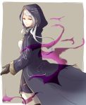  1girl aura brown_gloves closed_mouth dark_aura female_my_unit_(fire_emblem:_kakusei) fire_emblem fire_emblem:_kakusei from_side gimurei gloves grey_background hood hood_up long_sleeves looking_to_the_side my_unit_(fire_emblem:_kakusei) nintendo red_eyes robaco robe simple_background solo white_hair 