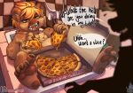  anthro atryl bathing bathtub boon_digges chest_tuft dialogue duo eating faceless_ambiguous female female_focus food hyaenid mammal nude pizza solo_focus spotted_hyena tuft 