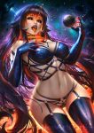  1girl bangs black_gloves black_hair black_legwear black_lips black_sclera blackhole-chan breasts commentary earth elbow_gloves english_commentary garter_straps gloves gradient_hair hair_between_eyes large_breasts long_hair looking_at_viewer m87_black_hole multicolored_hair navel nudtawut_thongmai open_mouth orange_eyes orange_hair original personification solo space thigh_gap thighhighs tongue tongue_out 