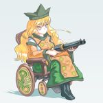  1girl black_footwear blonde_hair boots chinese_clothes cross-laced_footwear double_barrels expressionless eyebrows_visible_through_hair green_headwear grey_background gun hair_between_eyes hat highres holding holding_gun holding_weapon lace-up_boots long_hair matara_okina profitshame shotgun sitting tabard touhou v-shaped_eyebrows very_long_hair weapon wheat wheelchair wide_sleeves yellow_eyes 