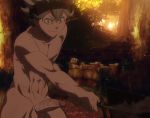  1boy abs asta_(black_clover) black_clover erection forest green_eyes green_hair headband male_focus nature nude outdoors penis solo sweat tree weapon 